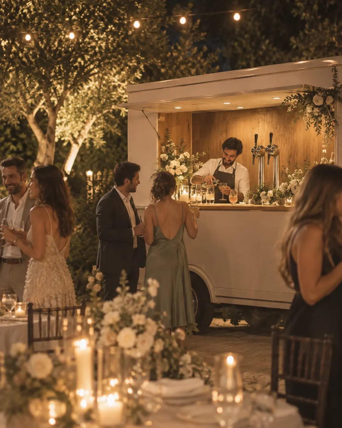 Barra móvil Drinksitos iluminada en un evento nocturno en Guadalajara